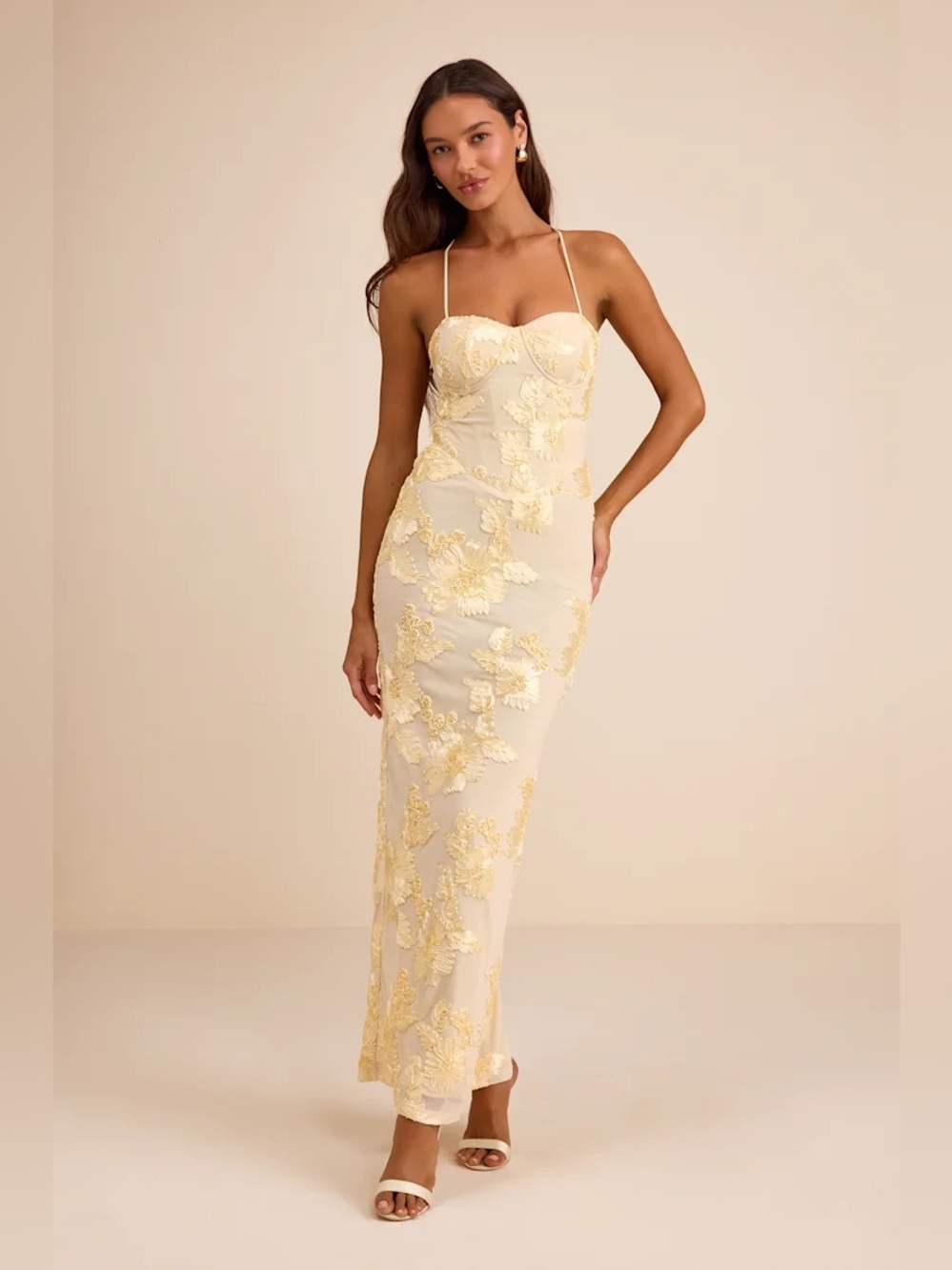 Lulus Nantessa Light Yellow Floral Applique Lace-Up Maxi Dress small as is***